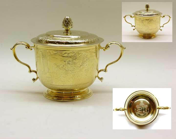 Antique silver gilt two handled engraved porringer and cover